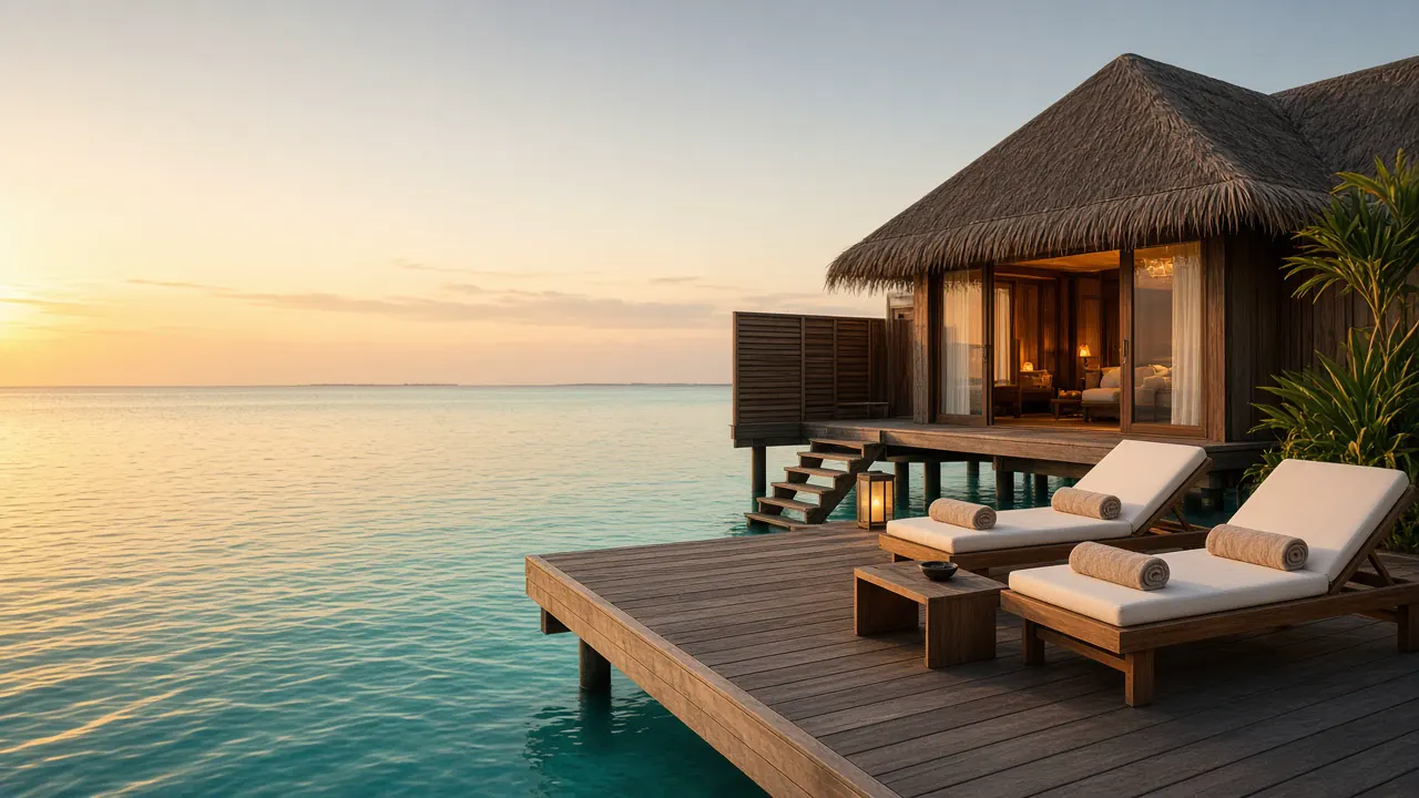 Overwater villa in the Maldives with crystal clear turquoise lagoon